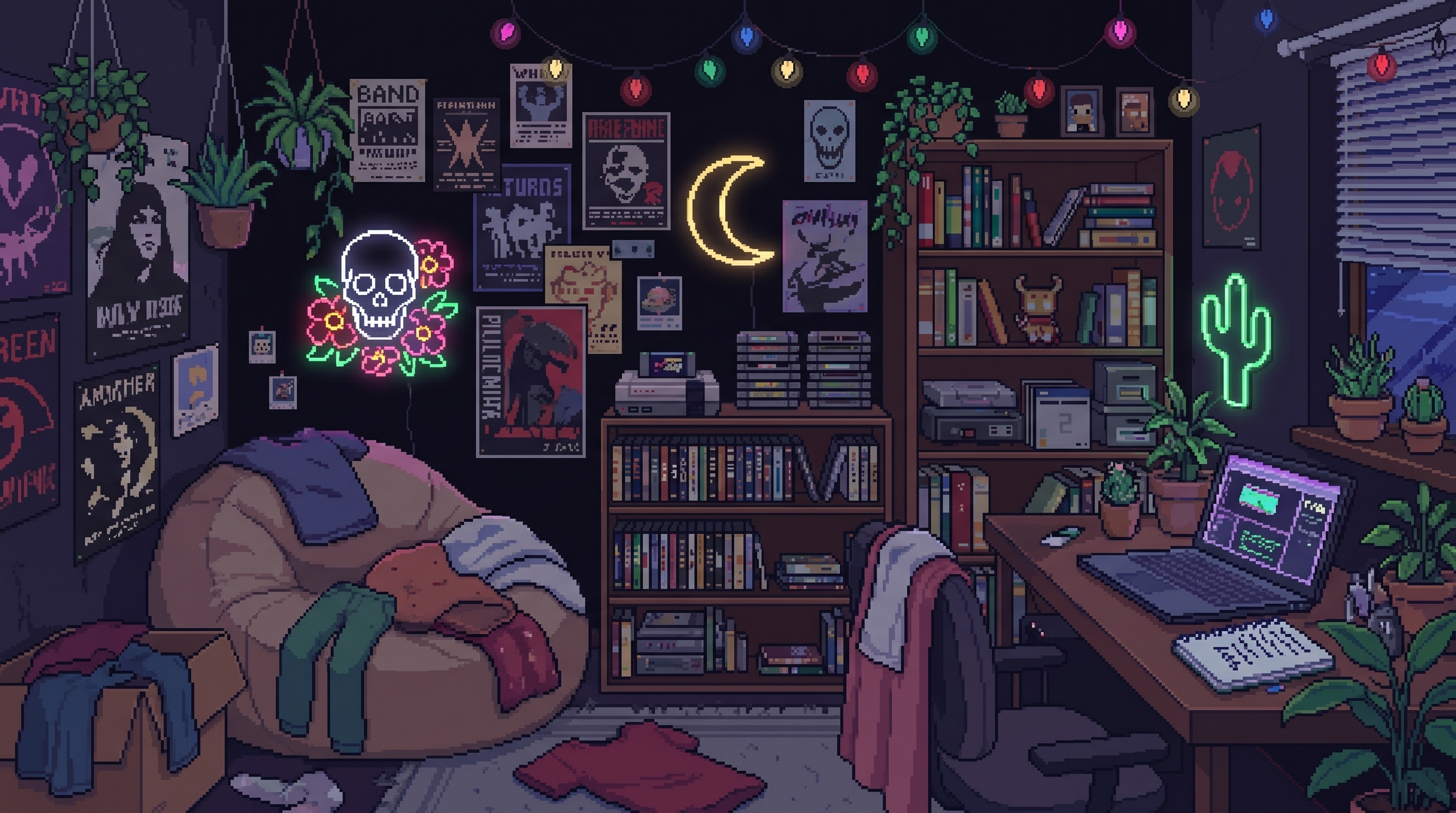 A dark pixel-art bedroom